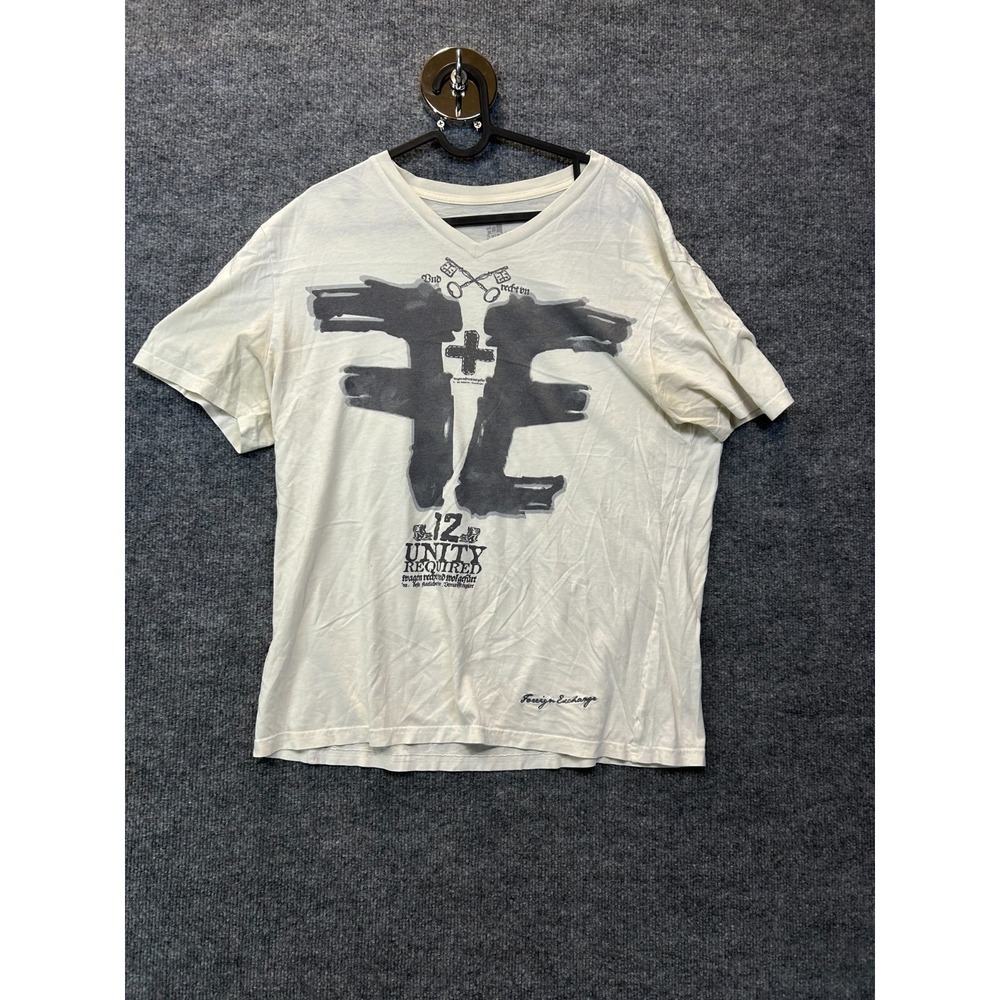Foreign Exchange Graphic V-Neck T-Shirt Men's Cream Cotton USA Made - Large